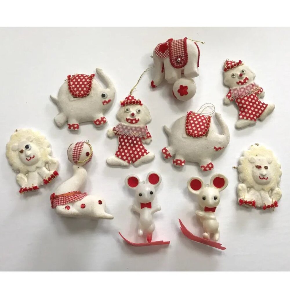 Vintage Flocked Plastic Animals Christmas Ornaments